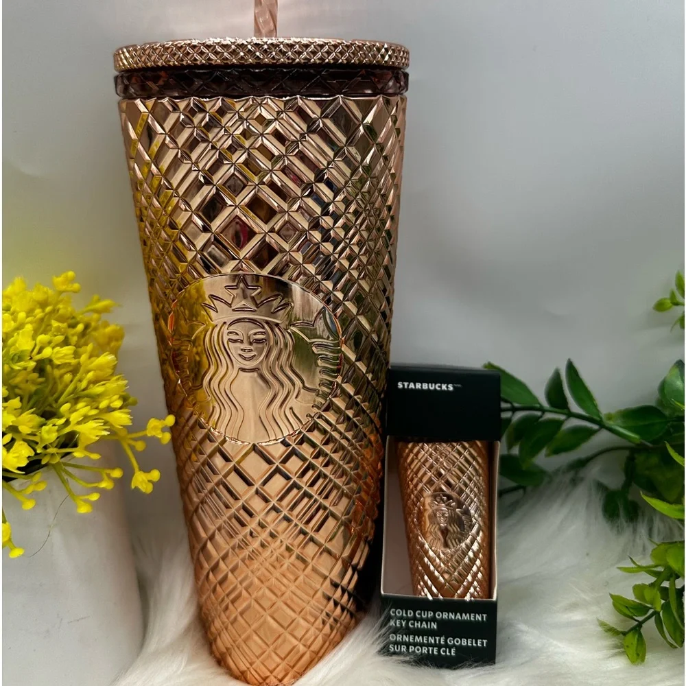 Starbucks Rose Gold Metallic Jeweled Tumbler & Keychain Gift Set
